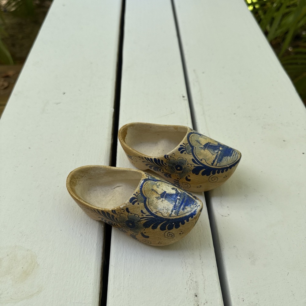 Vintage Delft Miniature 5" Ceramic Shoes Clogs Holland Dutch Painted Windmill